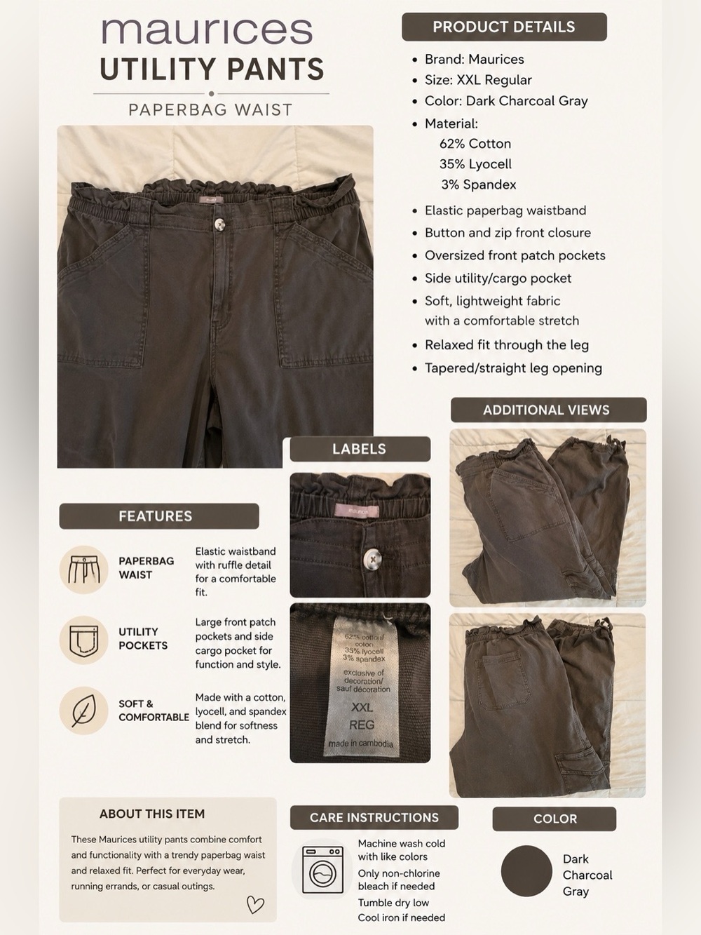 Maurices Utility Cargo Pants – XXL Regular – Dark Charcoal Gray